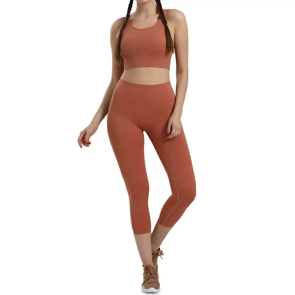 2 Piece Yoga Set Racerback Crop Top High Waist Full Length Leggings Seamless Solid Color Spandex Polyester