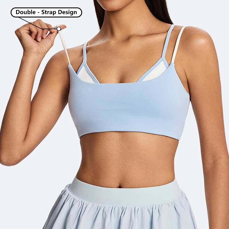 Fashion Lightweight Breathable Thin Strap Workout Bra Color Blocking Yoga Bra for Women Double Layer Twist Knot Back Sports Bra