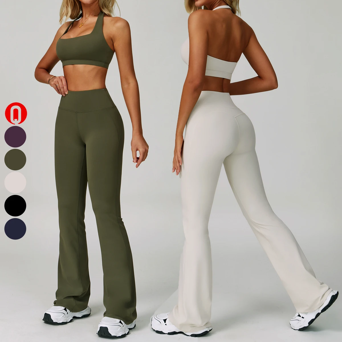New Lady Solid Front Breathable Yoga 2-Piece Gym Workout Set Halter Neck Sports Bra Quick Dry Lightweight High Waist Butt Lift