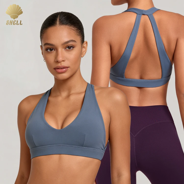 Cnshell High Impact Hollow Back Running Fitness Yoga Halter Solid Pattern Sport Bra Deep U Neck Custom Logo Breathable