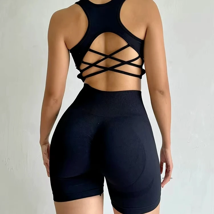 F67 Wholesale Custom Women's Backless High Support Sports Bra Tight Shorts 2 Piece Seamless Yoga Set Fitness Workout Outfit