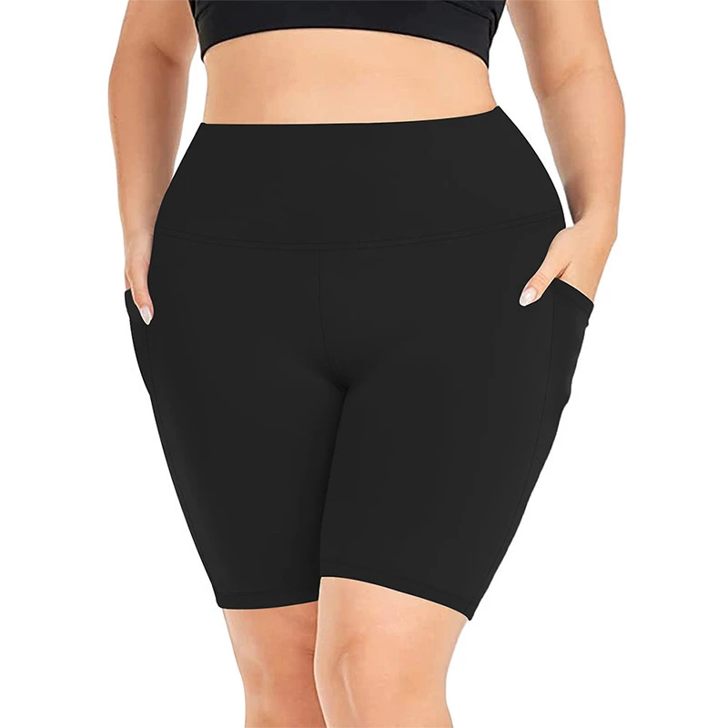 High Waist Plus Size Biker Shorts With Side Pockets Tummy Control 4 Way Stretch Workout Gym Yoga Shorts for Curvy Women