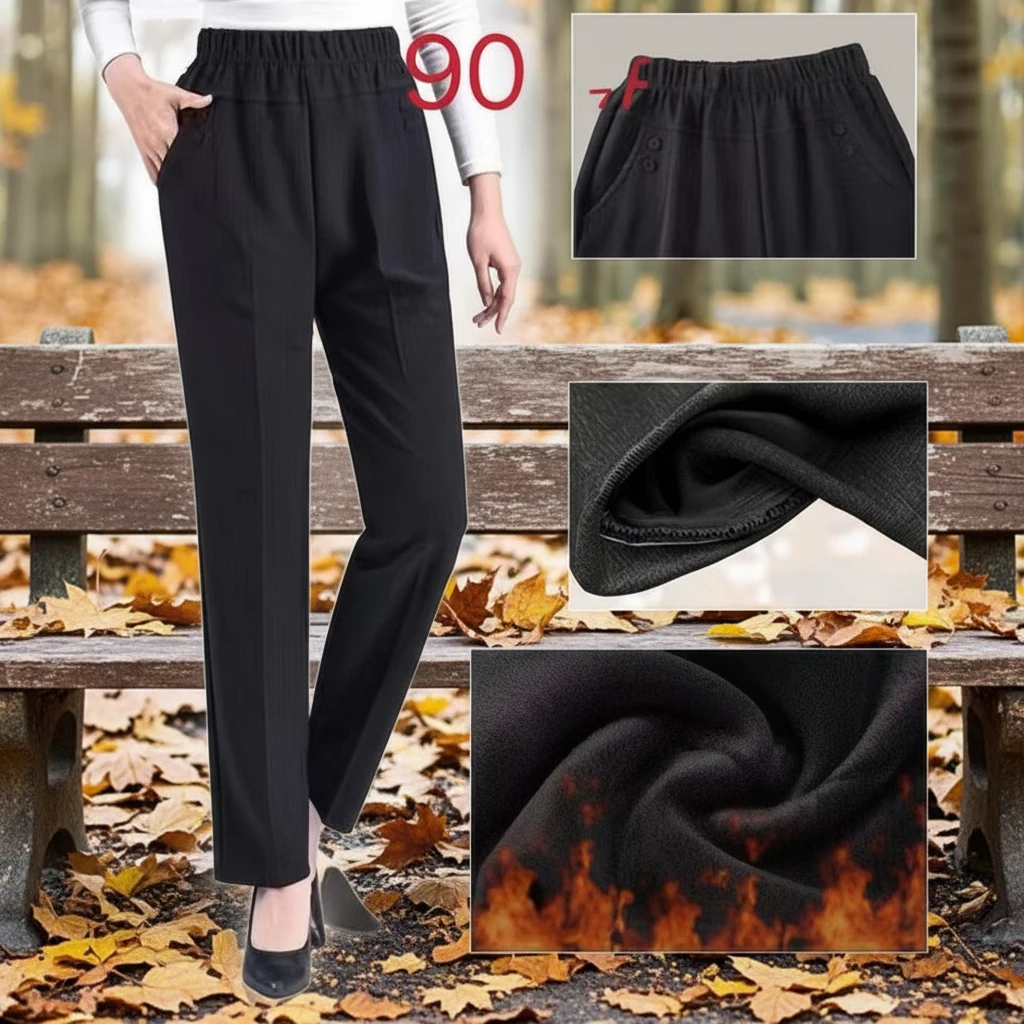 Premium Women Trousers Comfortable Regular Fit Black Mid-Waisted Elastic Waist Breathable Cotton Blend Boot Cut Vintage