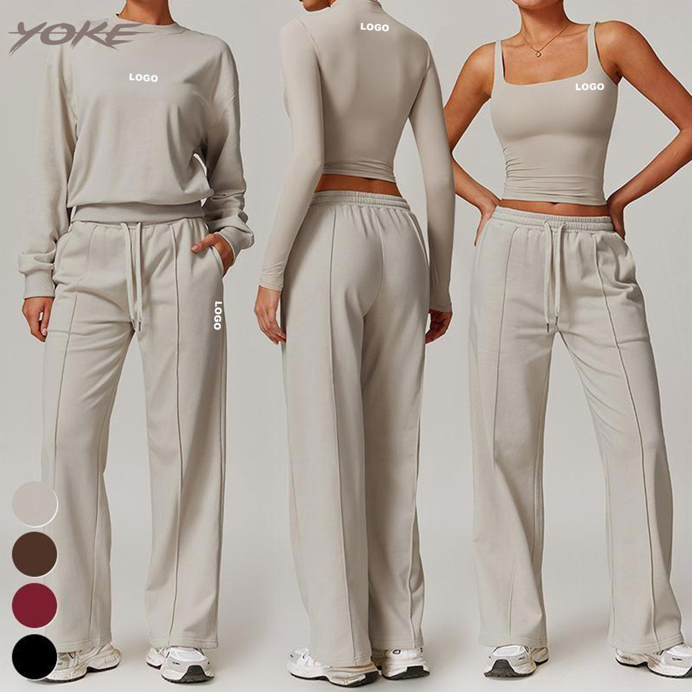 JC New Women 4pcs Suit Long Sleeve Gym Tank Top Jogger Sweatpants Sweatshirt Clothing Yoga Vest Sports Bra Fiess Set