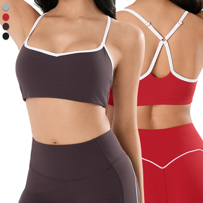 YG-1029 Women's High Support Adjustable Shoulder Strap Contrast Color Sports Bra with Removable Pads and Four-Way Stretch