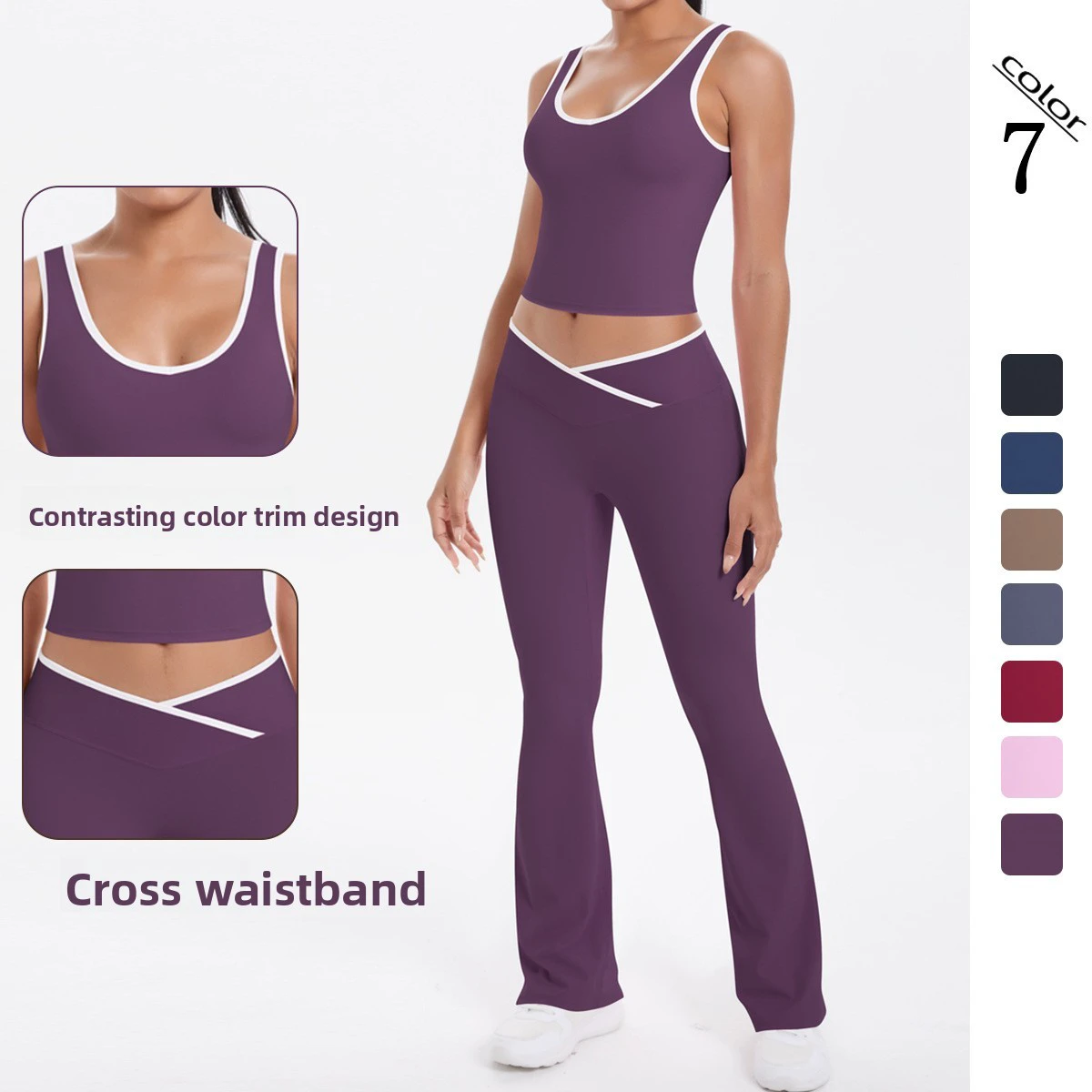 Cross-border Double-Sided Brushed Color-Block Tight-Fit Breathable Cross-Strap Flare Pants Yoga Suit Sports Running Fitness Set