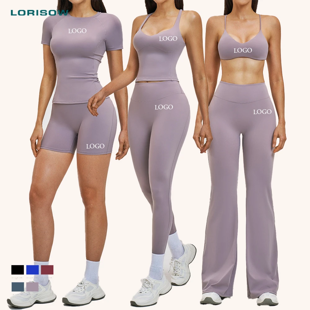 LORISOW Quick Dry Sleeveless Sports Vest Running T-shirt High Waist Shorts Flare Pant Yoga Leggings for Women Workout Sportswear