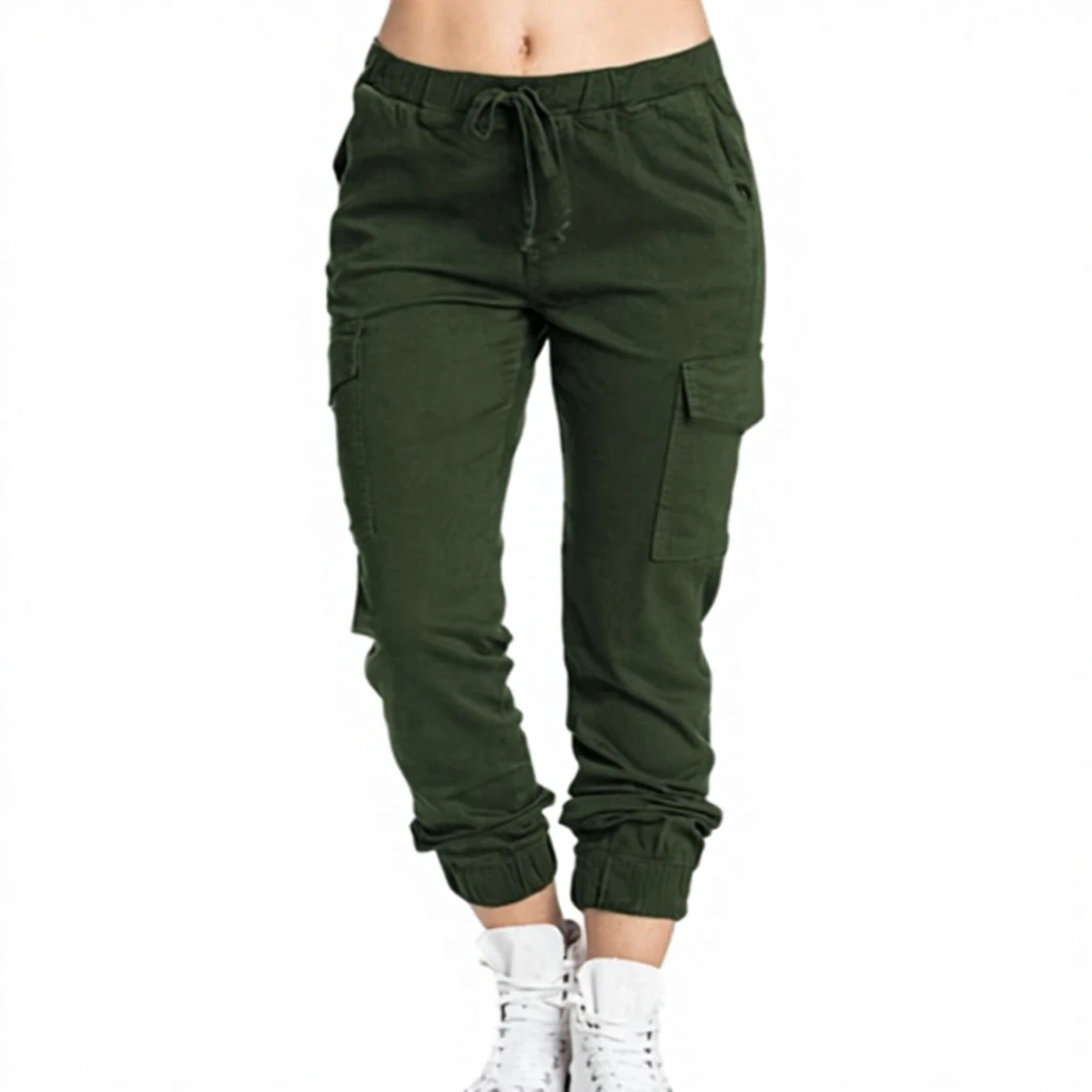 2023 Women's Mid Waist Drawstring Cargo Pants Casual Elastic Side Pockets Ankle-Length Polyester Spandex Work Pants
