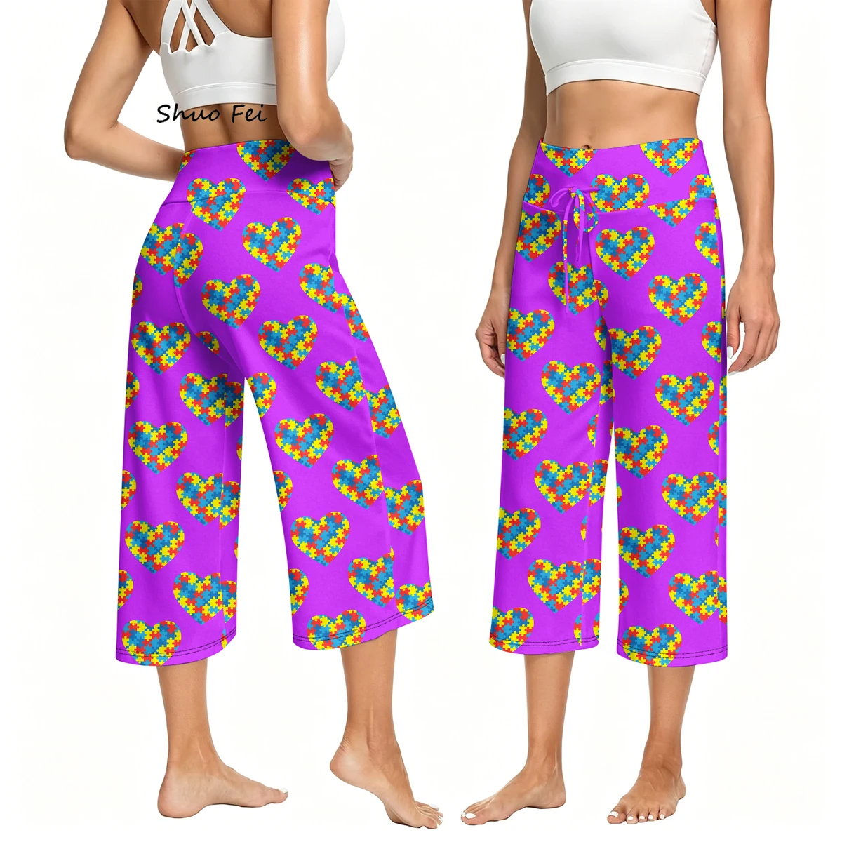 Women Vibrant Puzzle Heart Crop Pants Drawstring High Waisted Yoga Capri Trousers Purple Pattern Wide Leg Gym Casual Wear Soft