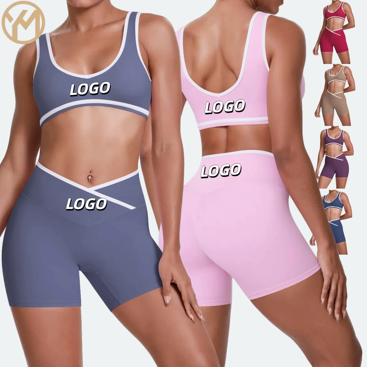 Yimo 7 Colors Women Patchwork Shorts Cross Yoga Set Lady Gym Shorts Suit Female Elastic U Neck Fitness Workout Clothes