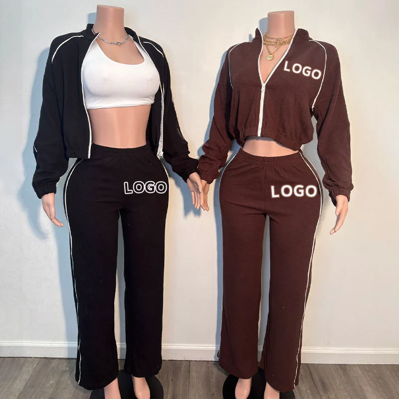 Huili Solid Color Cotton No Hood 2 Piece Pants & Zip Up Stand Collar Crop Top Sports Outfits Activewear Women's Loungewear Sets