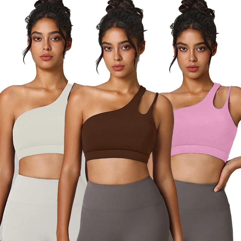 Custom Logo Women's Asymmetric Shoulder Straps Yoga Bra with Bareback Design Irregular Straps Running Sports Bra