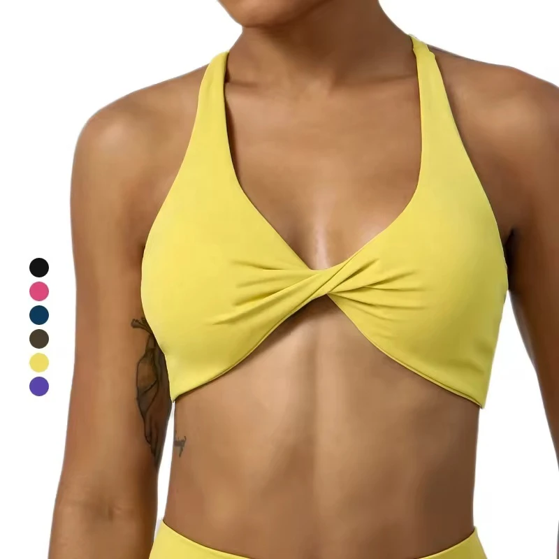 Women's Breathable Eco-Friendly Light Support Strapless Twist Crop Top Sports Bra Front Logo for Outdoor Running Yoga Fitness