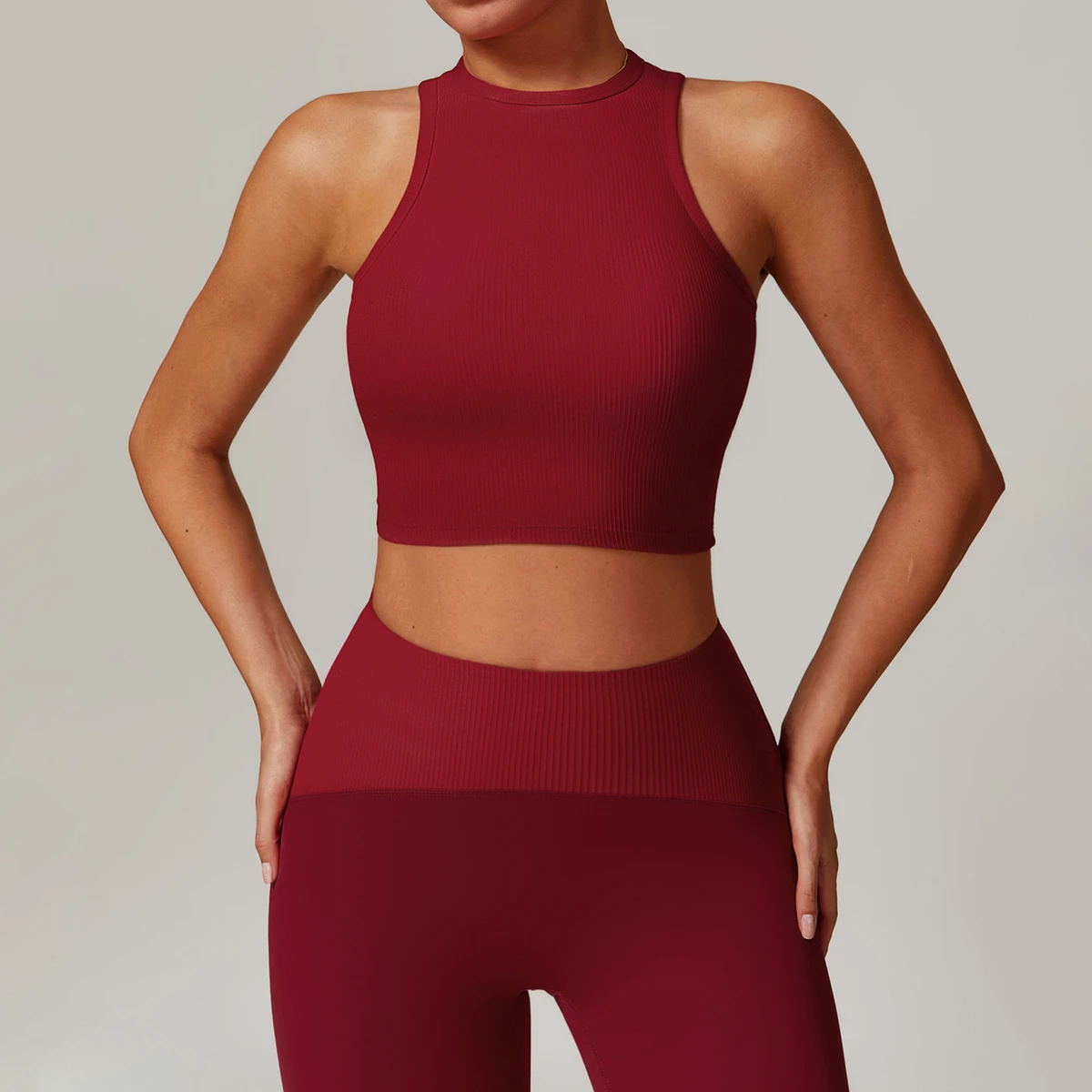 YMR-DBX8889-2 Women's High Stretch Sports Bra Fitness Running Vest Wholesale Ribbed Fabric Round Neck Breathable