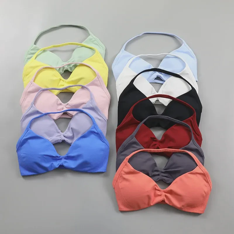 Strappy Bra Women Lightweight Support Ruched Halter Sports Bra Sexy Open Back Front Gym Crop Top Padded Seamless Workout Yoga
