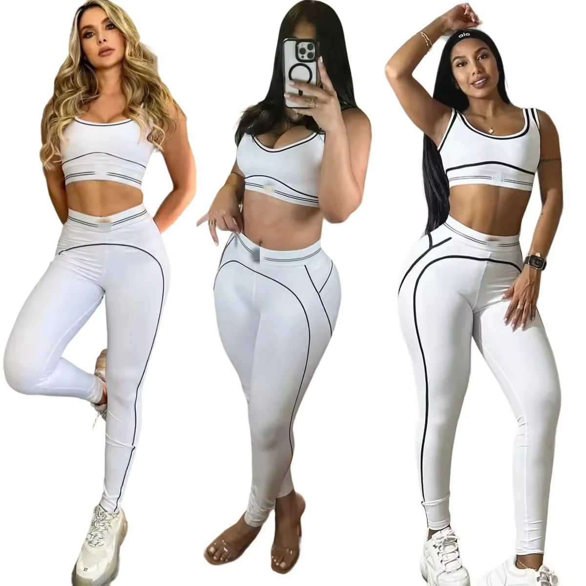 Women's 2-Piece Sport Crop Top High-Waisted Joggers Set Elastic Waist Yoga Sports Bra Front Logo Solid High-Waisted Leggings