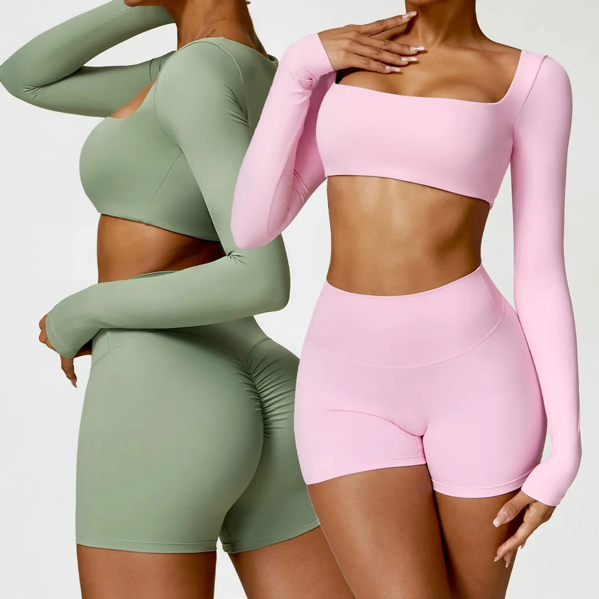 Women Square Neck Top High Waist Shorts Yoga Tracksuit Lady Long Sleeve Vest Gym Suit Female Scrunch Butt Shorts Sports Sets