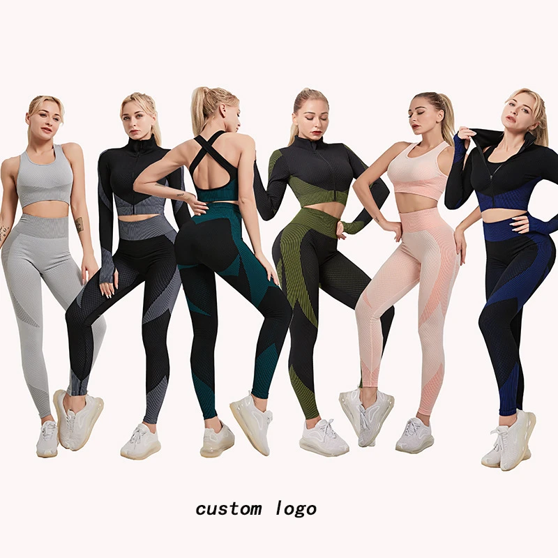 Custom Seamless American Plus Size Activewear Jacket Set Pants and Bra Ribbed High Waisted Seamless Yoga Leggings