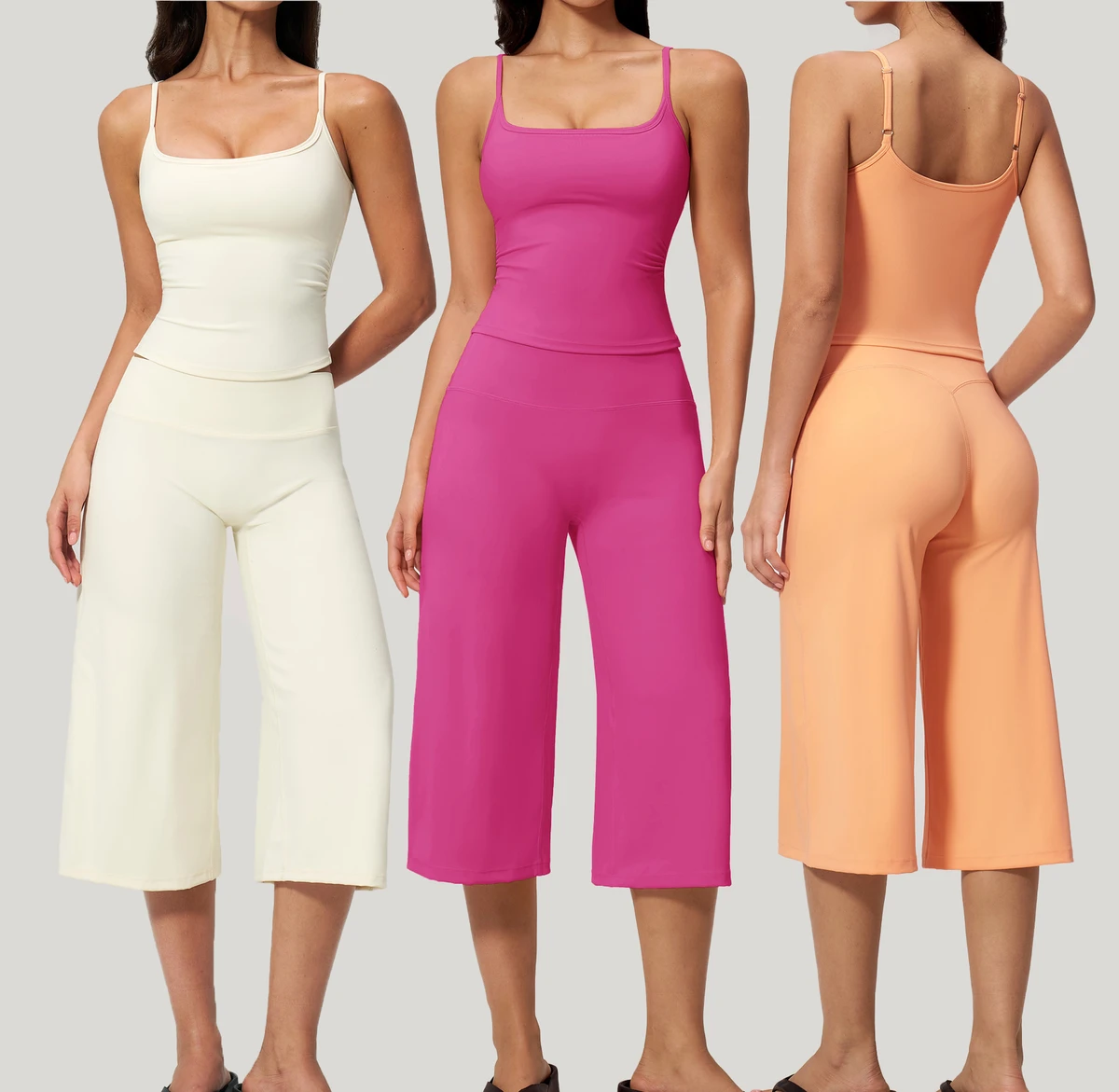Womens Workout Sets Two Piece Adjustable Spaghetti Straps Crop Top Matching Wide Leg Capri Pants Gym Work Pilates Outfits