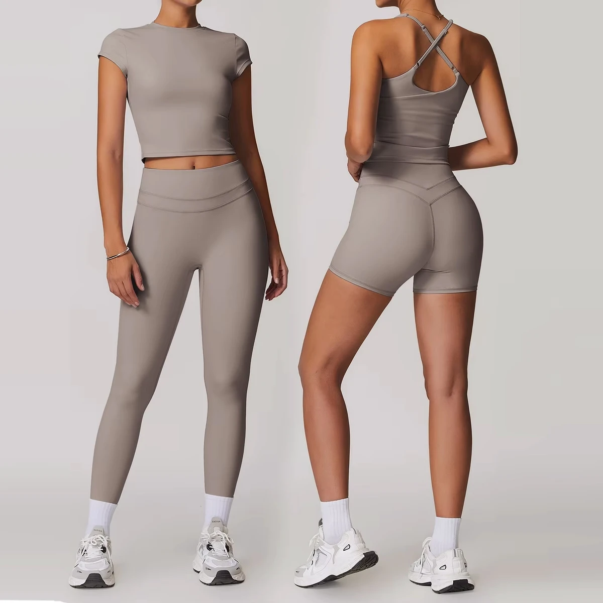 TongJoes Women's Sports Fitness Suit Elastic High-Waist Breathable Yoga Shorts Tight-Fitting Back for Running Sports Solid Set