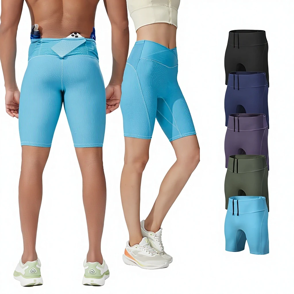 Spring New Men's and Women's Solid High Elastic Multi-Pocket High Waist Nylon Compression Shorts Outdoor Running Fitness Yoga