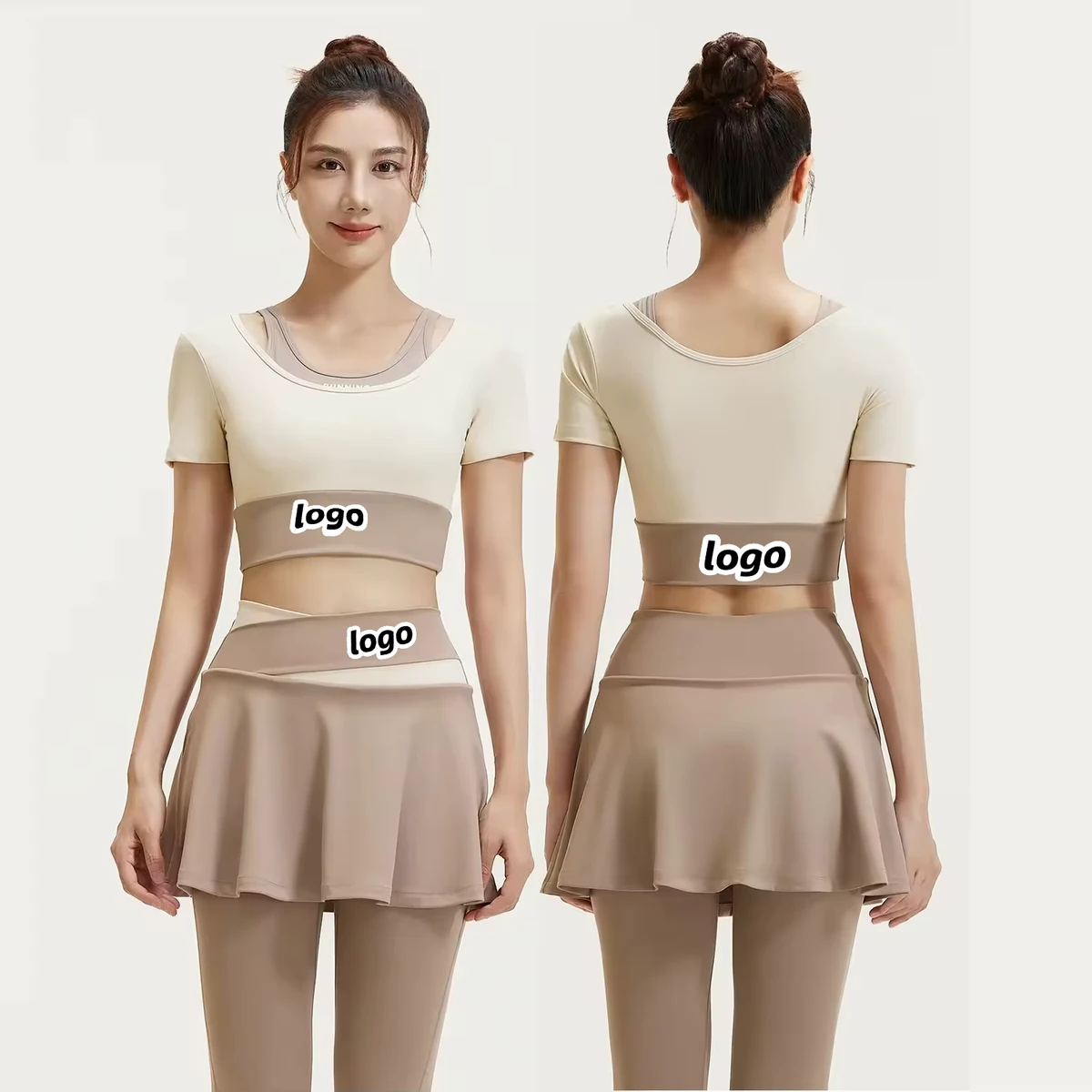 Custom Logo Women's Yoga Breathable High Stretch Fitness Set 2 in 1 Layered Contrast Waistband Crop Top Skirted Leggings