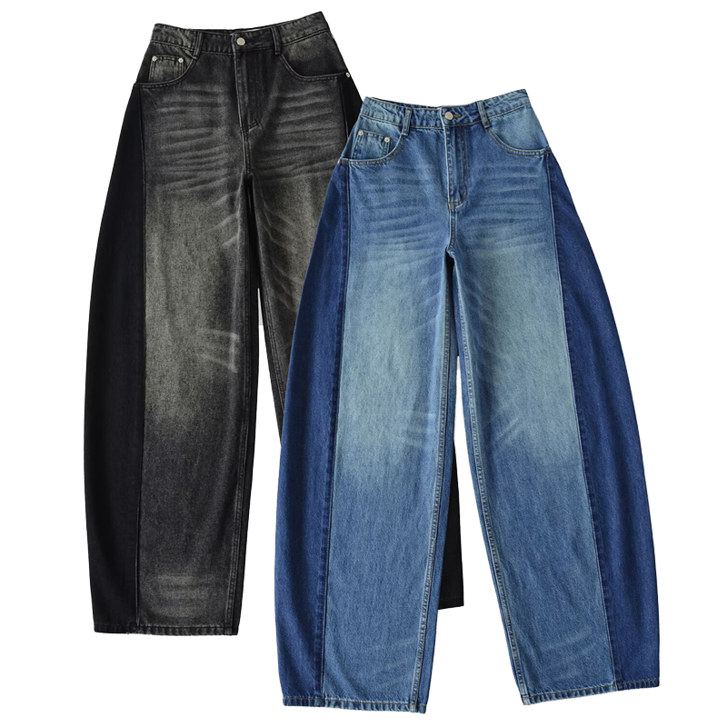 Trendy Women's Casual Wide Leg Jeans Streetwear Cotton Middle Rise Vintage Patchwork Jeans Washed for Summer Autumn
