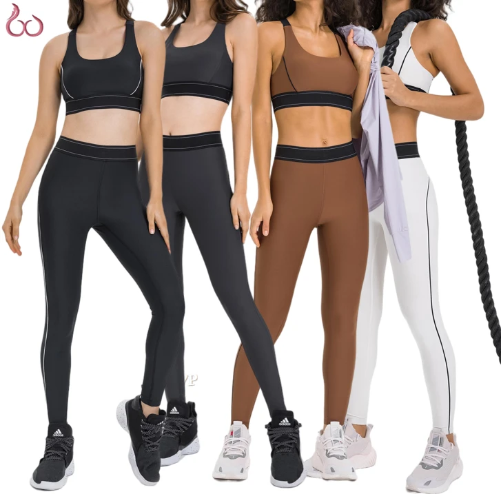 2pcs Women's Yoga Sets Black Contrast Shockproof Bra Workout Crop Top High Elasticity Heart Leggings Sports Fitness Suit
