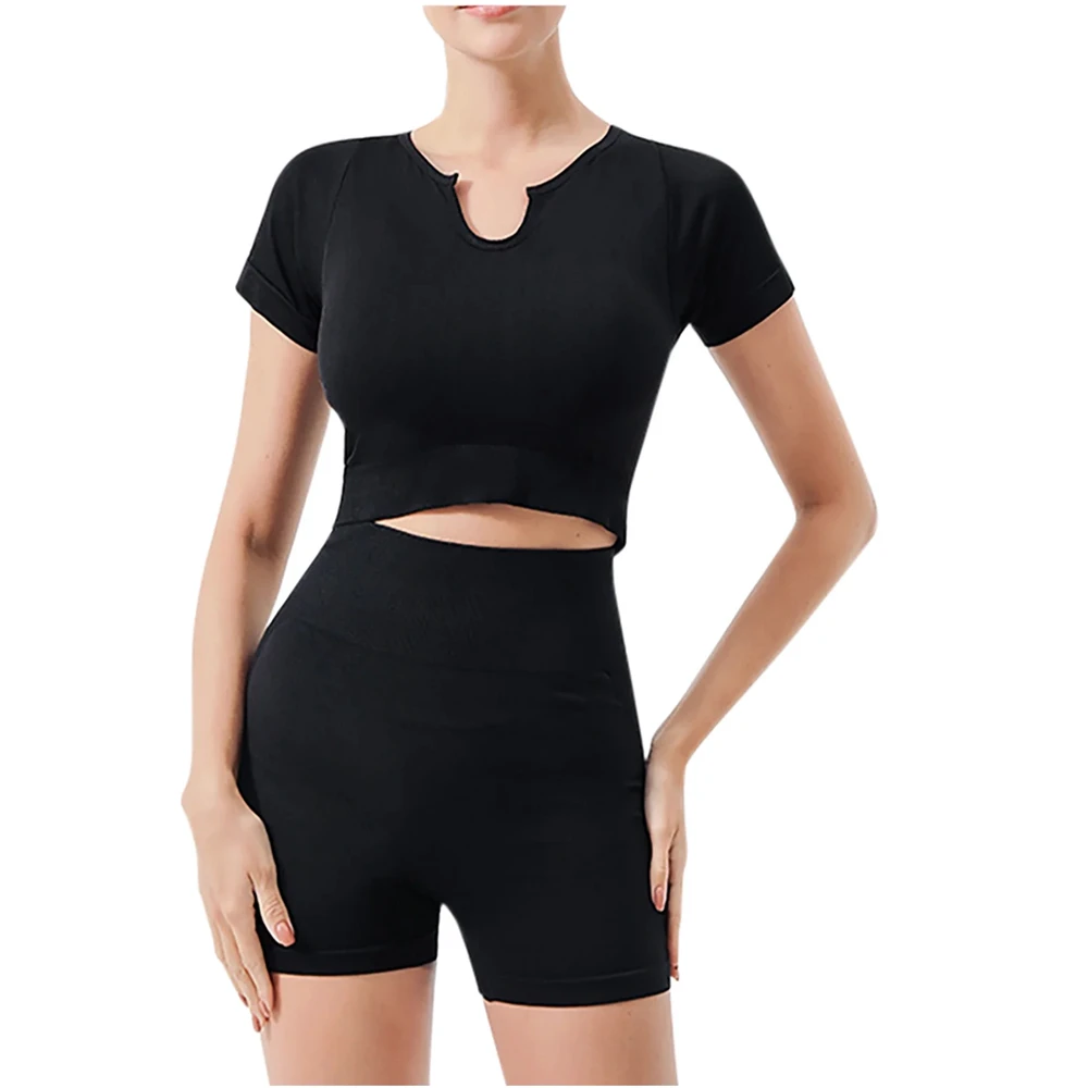 2026 New Women's 2 Piece Yoga Outfits - Short Sleeve Mesh Back Workout Top & High Waist Running Shorts Set for Fitness Gym