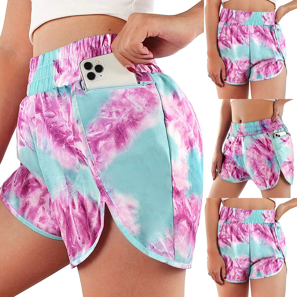 Women Tie Dye Print Athletic Shorts Quick Dry High Waist Pocket Running Yoga Gym Sport Shorts Casual Activewear Gradient