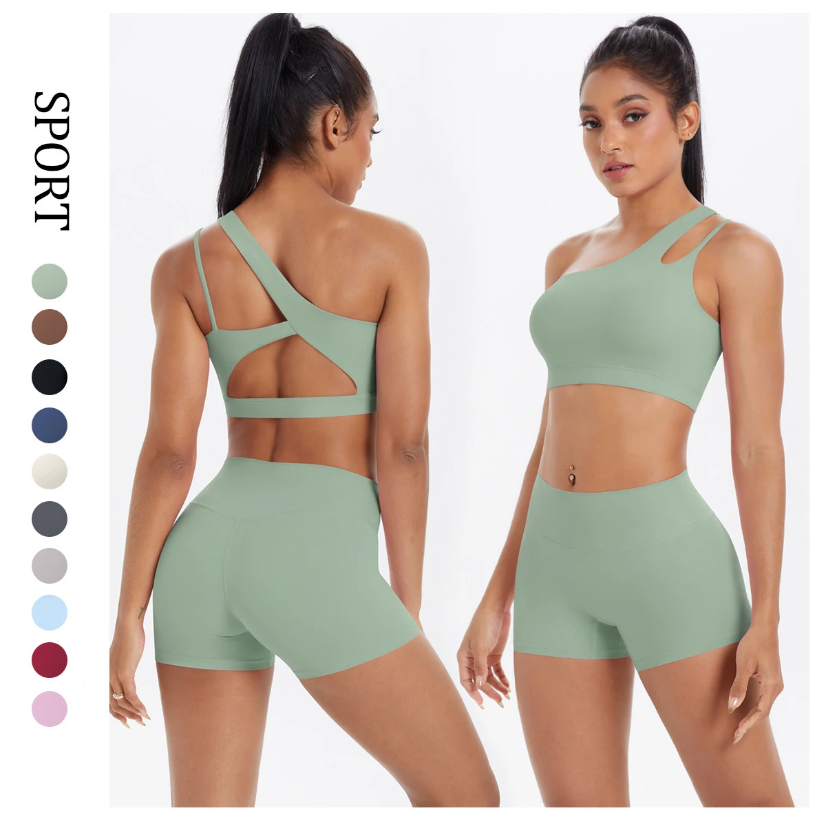 Cross-Border Women's Quick-Drying Spandex/Nylon Two-Piece Sports Set Cloud-Feeling Yoga Clothing One-Shoulder Design Tight Hip