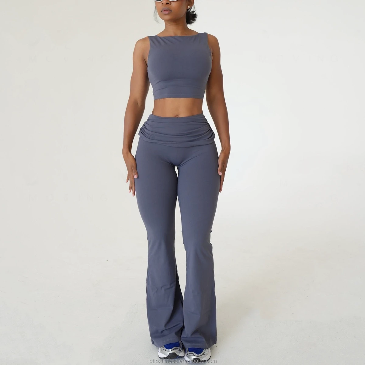 Custom Logo Plus Size Yoga Workout Gym Running Scoop Back Sport Top High Waisted Push up Flare Leggings Women Activewear Sets