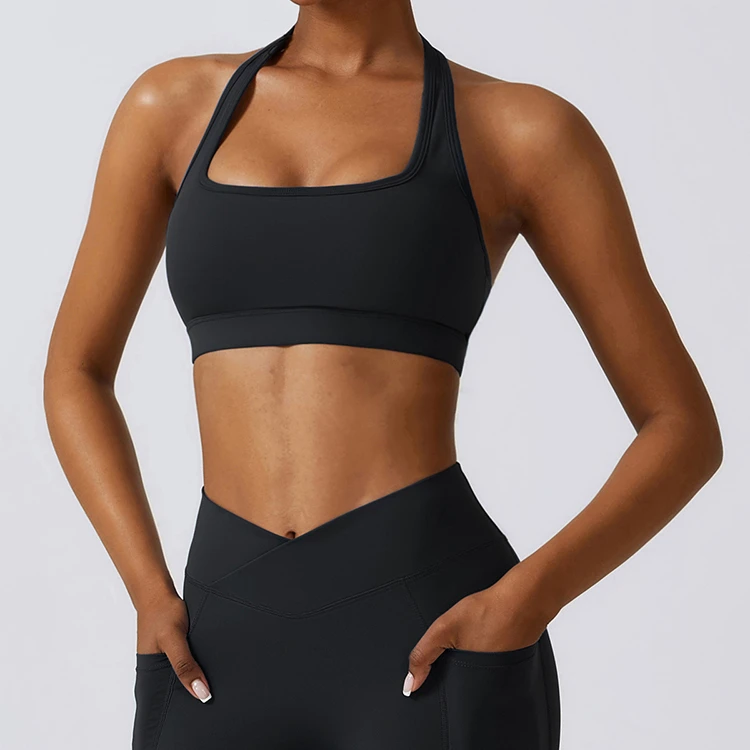 Fashion Premium Breathable Halter Neck Sports Bra Women Cutout Back Design 4-Way Stretch Yoga Fitness Workout Custom Sports Bra