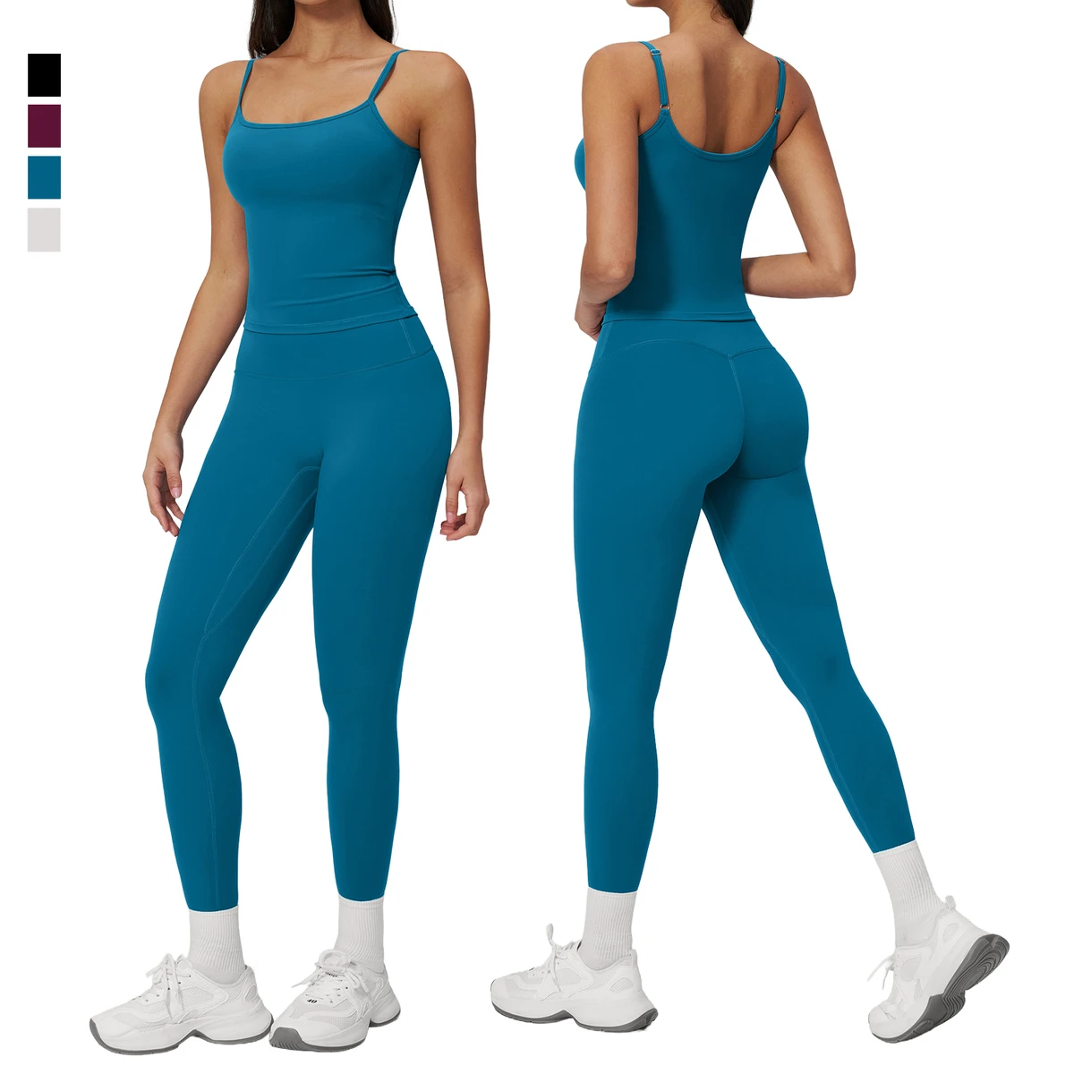 Women Solid Breathable Yoga Set Square Neck Adjustable Straps Workout Tank Top Tummy Control Elastic High Waist Gym Leggings