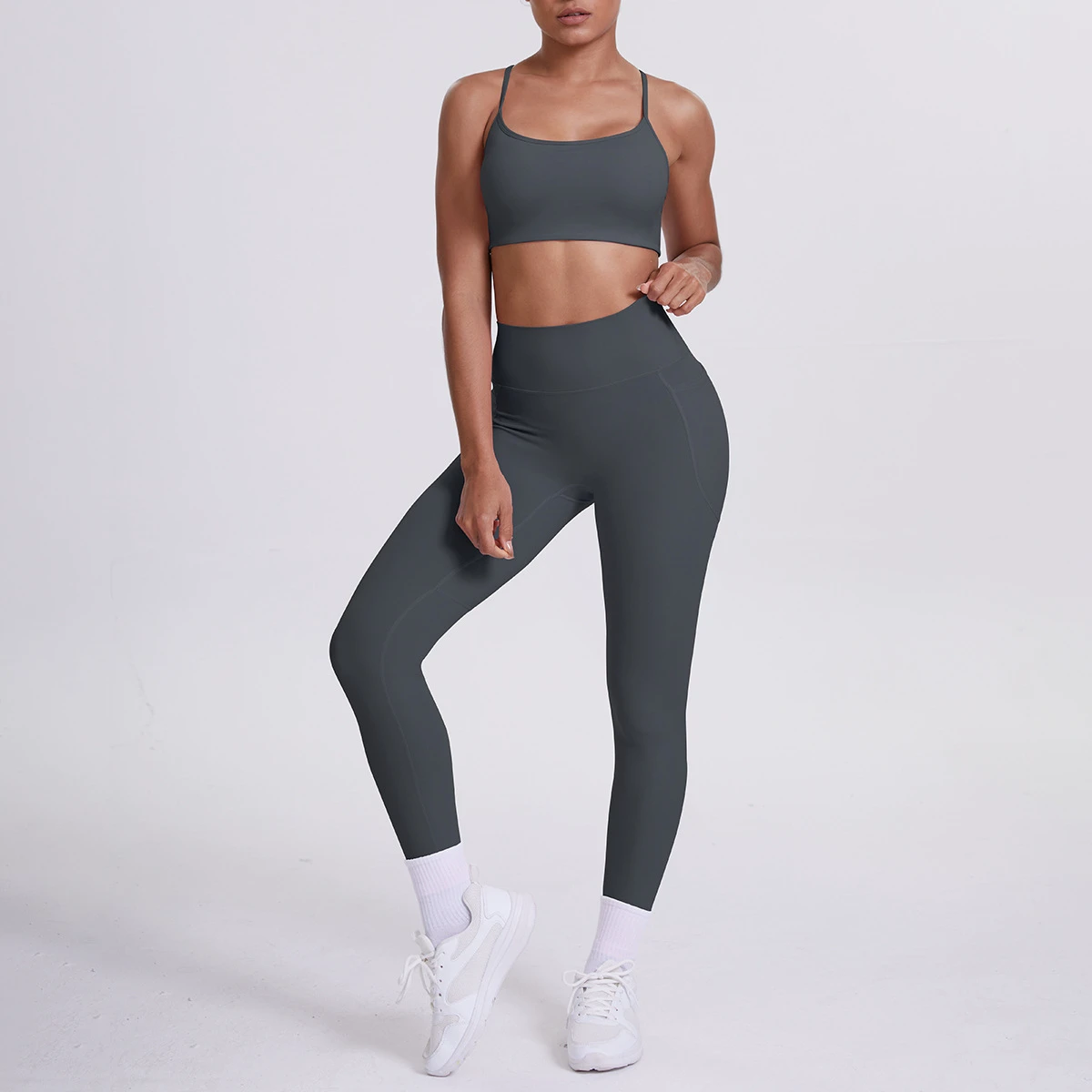 Women's Dual-Sided Spandex/Nylon V-neck Cross-Back Pocket Solid Full Sleeve Breathable Skinny Fit Yoga Suit Two-Piece Set Front