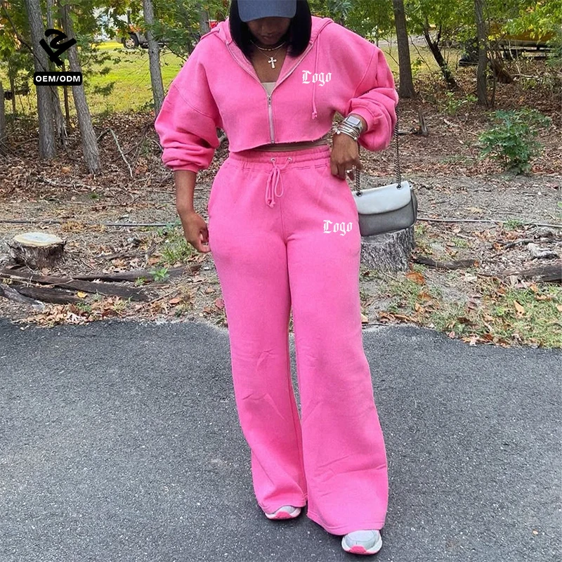 Y2k Trending Product Clothing High Quality 2 Piece Set Custom Two Piece Cropped Zip up Hoodie and Jogger Pants Set for Women