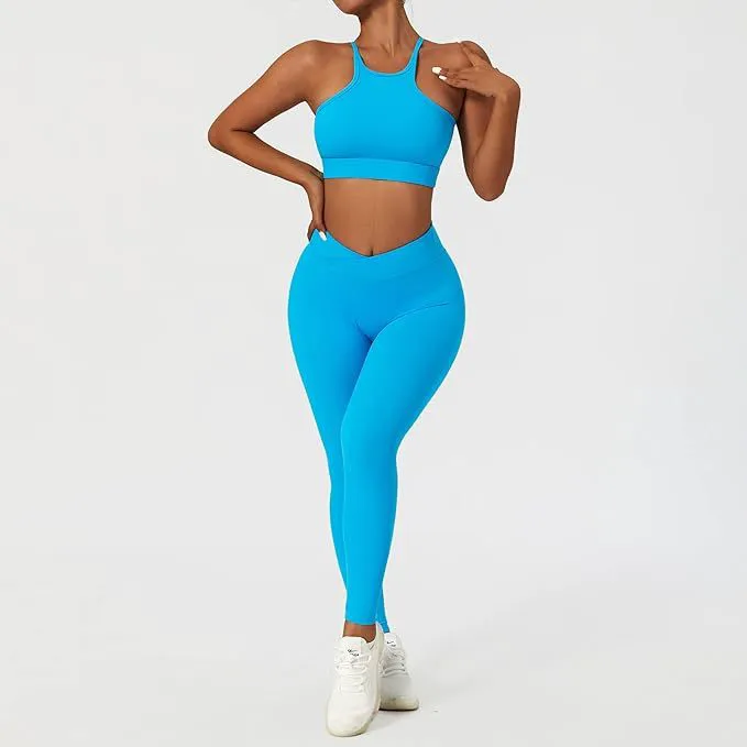Women's Workout Sets 2 Piece Cross Waist High Waist Leggings Strappy Sport Bra Exercise Gym Yoga Outfits OEM Logo Wholesale