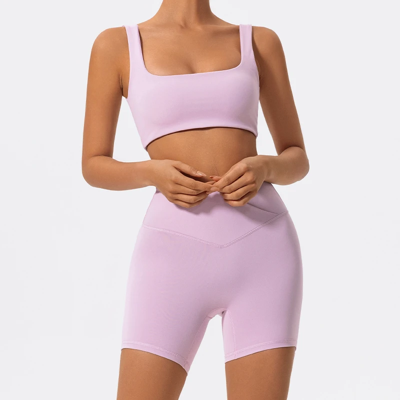 High Support Yoga Set Women's Square Neck Sports Bra V-shaped Pants Shorts Gym Running Fitness Set 2 Pcs