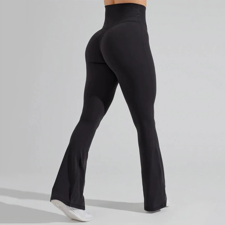 Custom Compression High Elastic Waist Yoga Leggings No Front Seam Sweat-Wicking Four-Way Stretch Fitness Flare Solid Full Length