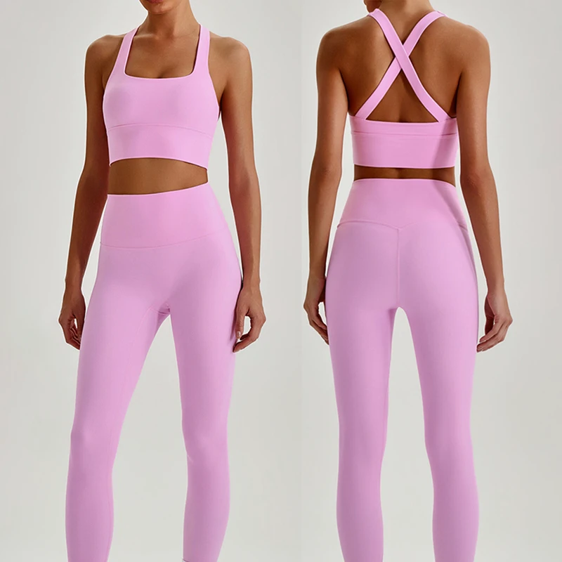 Womens Workout Sets Two Piece Cross Back Tank Top Matching High Waist Leggings Sport Set Women