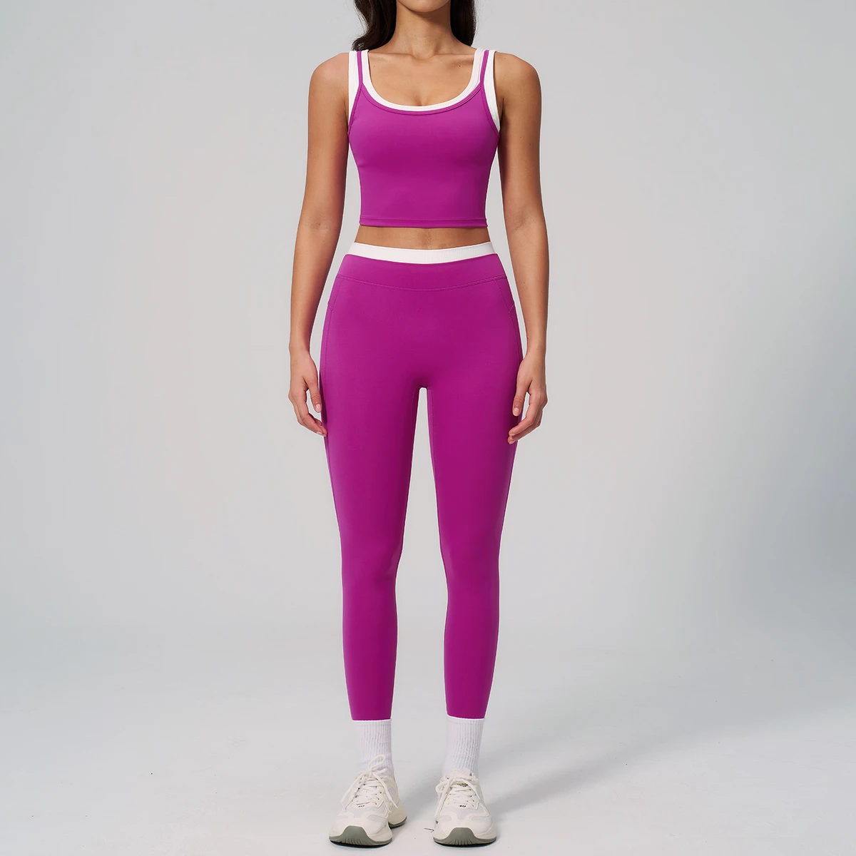 Ladies Contrast 2 Pieces Yoga Suit Shockproof Padded Tank Top & High Waist Pants Active Wear Gym Fitness Set