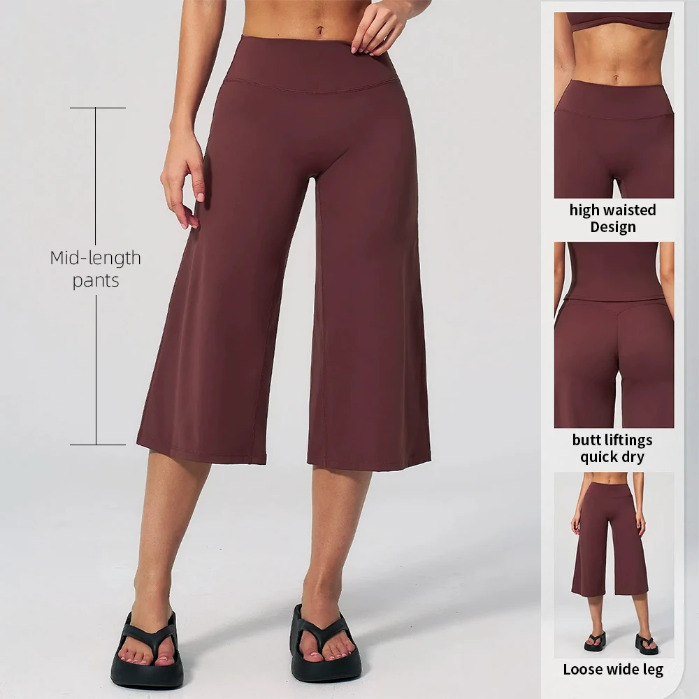 Women Summer High Waist Flared Leg Yoga Pants Knee-Length Spandex/Nylon Solid Four-Way Stretch for Quick Dry Gmy Fitness Shorts