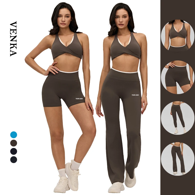 Women Athletic Wear Suit Sexy Halter Sports Bra Crop Top High Waist Long Pants Shorts Flared Leggings Ladies Yoga Workout Set