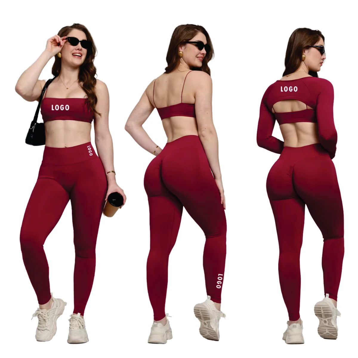 OEM Women's Gym Workout Clothing-Sexy Sports Bra Crew Neck Elastic Waist Long Pants Four-Way Stretch Quick Dry Print 3-Piece Set