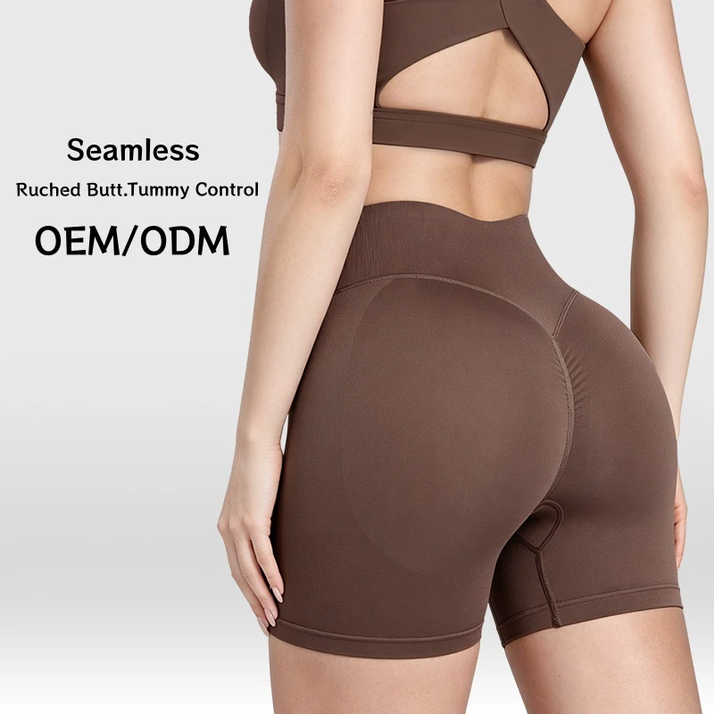 Seamless High Waisted Ruched Butt Lifting Yoga Shorts Peach Butt Nylon Spandex Biker Shorts For Workout Pilates Cycling