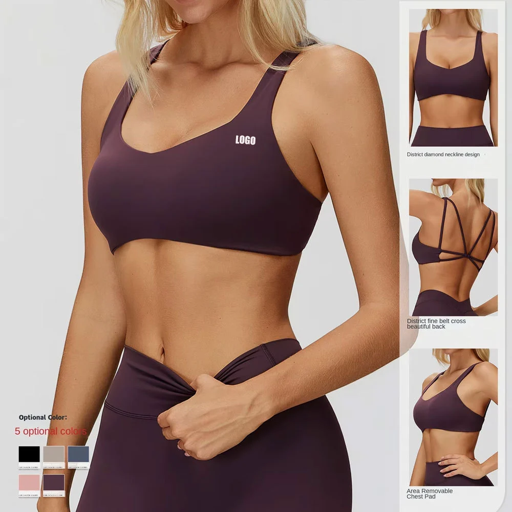 Hot Sale Thin Strap Cross-back High Support Yoga Bra Women Sport Fitness Workout Stretch Backless Sports Women Yoga Bra