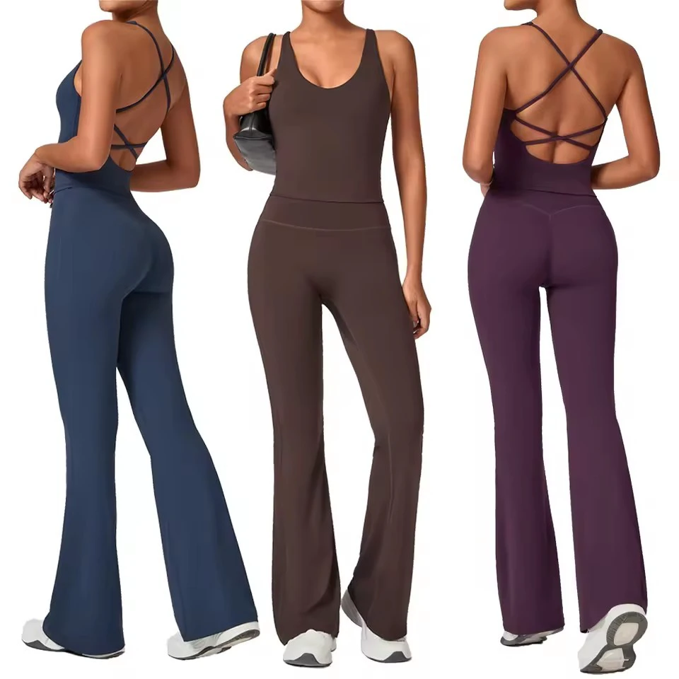 QS1220 Fashion Female Sexy Back Workout Yoga Vest Gym Sport Wear High Waist Flare Pants 2pcs Fitness Sets for Women