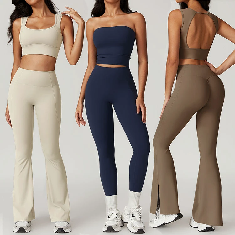 Women's Yoga 4pcs Set Gym Yoga Bra Sports High Waist Leggings Yoga Vest Top Custom logo Sports Suit Bell Bottoms Loose Pants