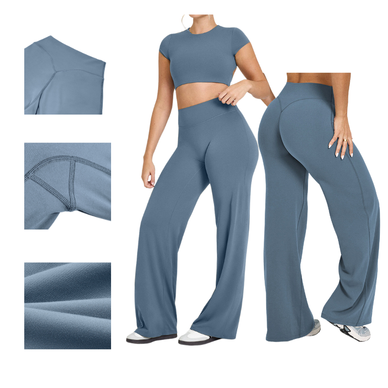 Custom Logo Solid High Waist Quick Drying Four-Way Stretch Breathable Ankle-Length Hip Lifting Yoga Pants Tight Wide Leg Flared