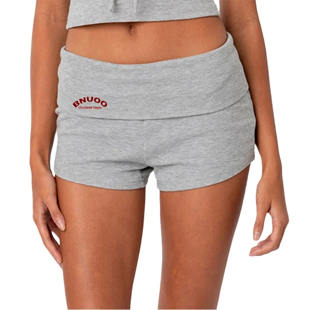 Summer Women Embroidery Sports Wear Casual Wide Waistband Rollover Slim Fitted Cotton Ribbed Low Rise Fold Over Yoga Shorts